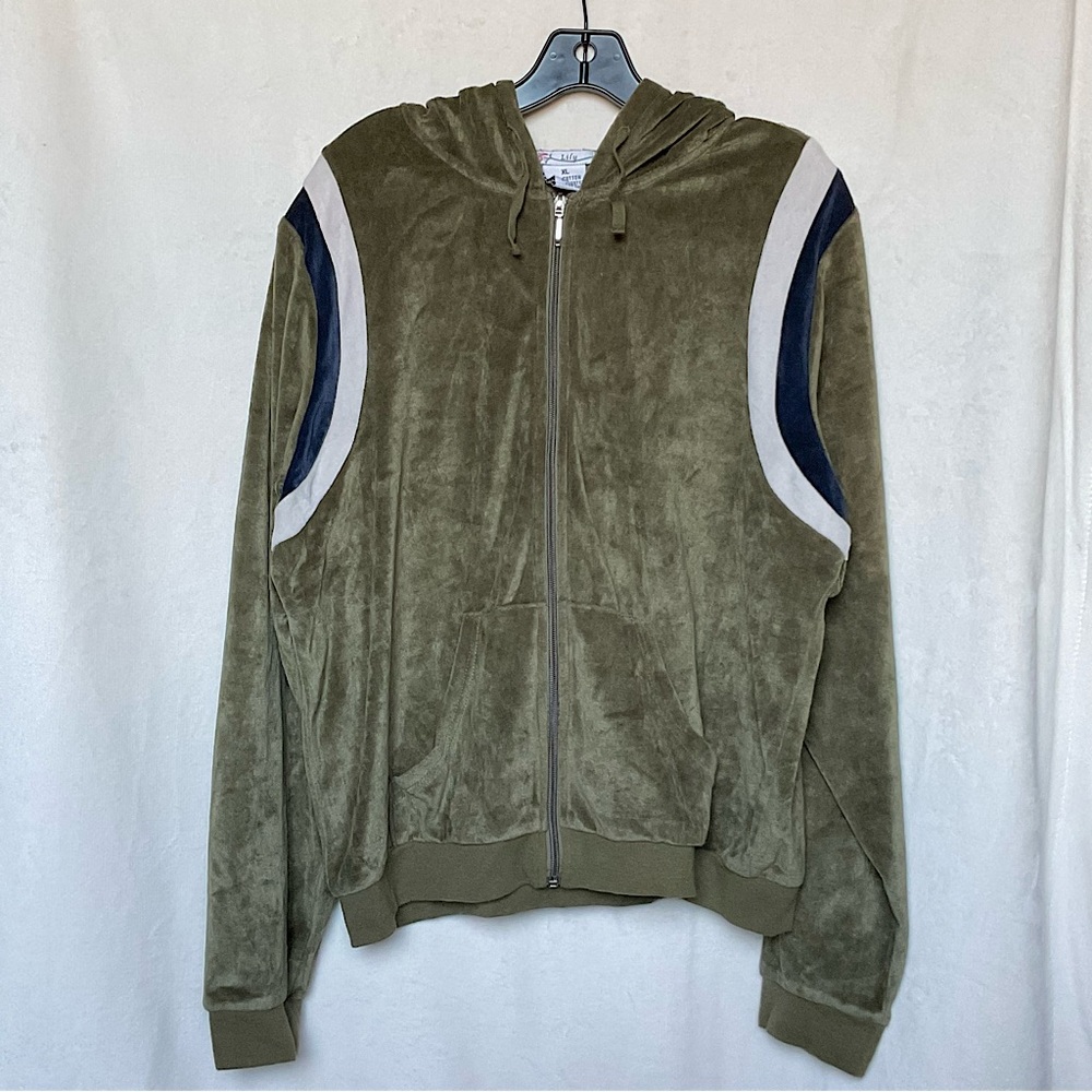 ☆ Olive Green Velour Y2k Full Zip Down XL Sweater Jacket by Lily ☆
